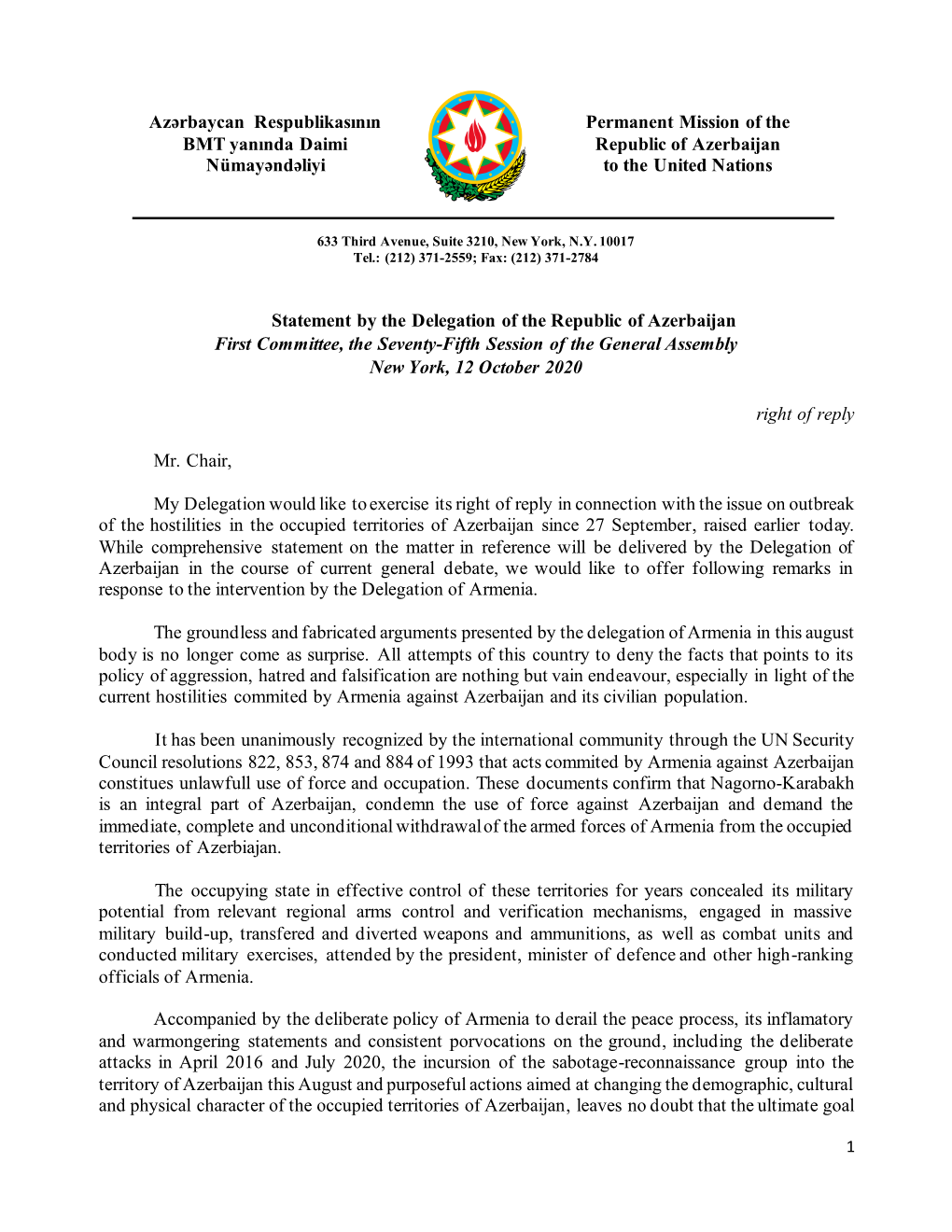 Azərbaycan Respublikasının Permanent Mission of the BMT Yanında Daimi Republic of Azerbaijan Nümayəndəliyi to the United Nations