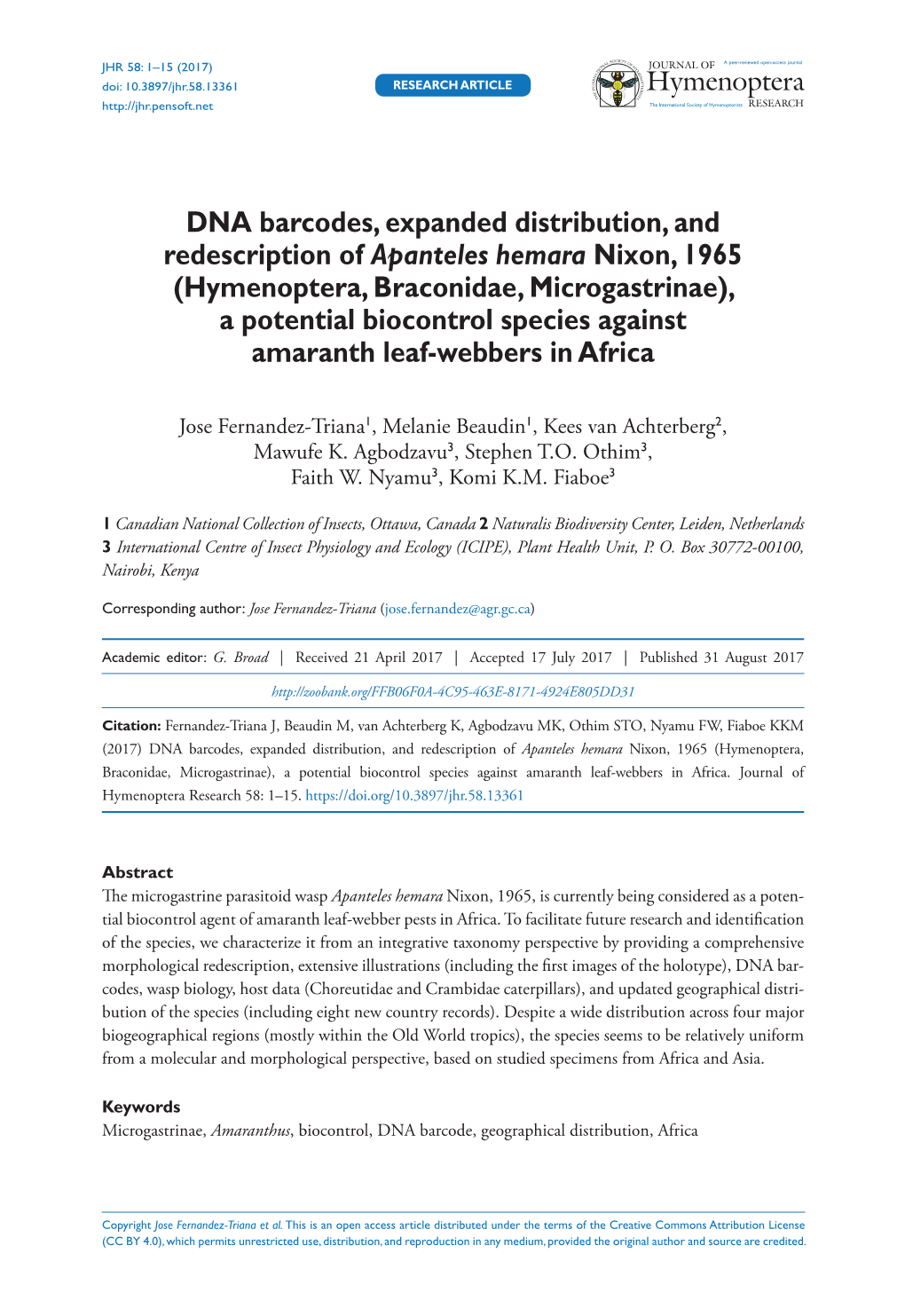 Hymenoptera, Braconidae, Microgastrinae), a Potential Biocontrol Species Against Amaranth Leaf-Webbers in Africa