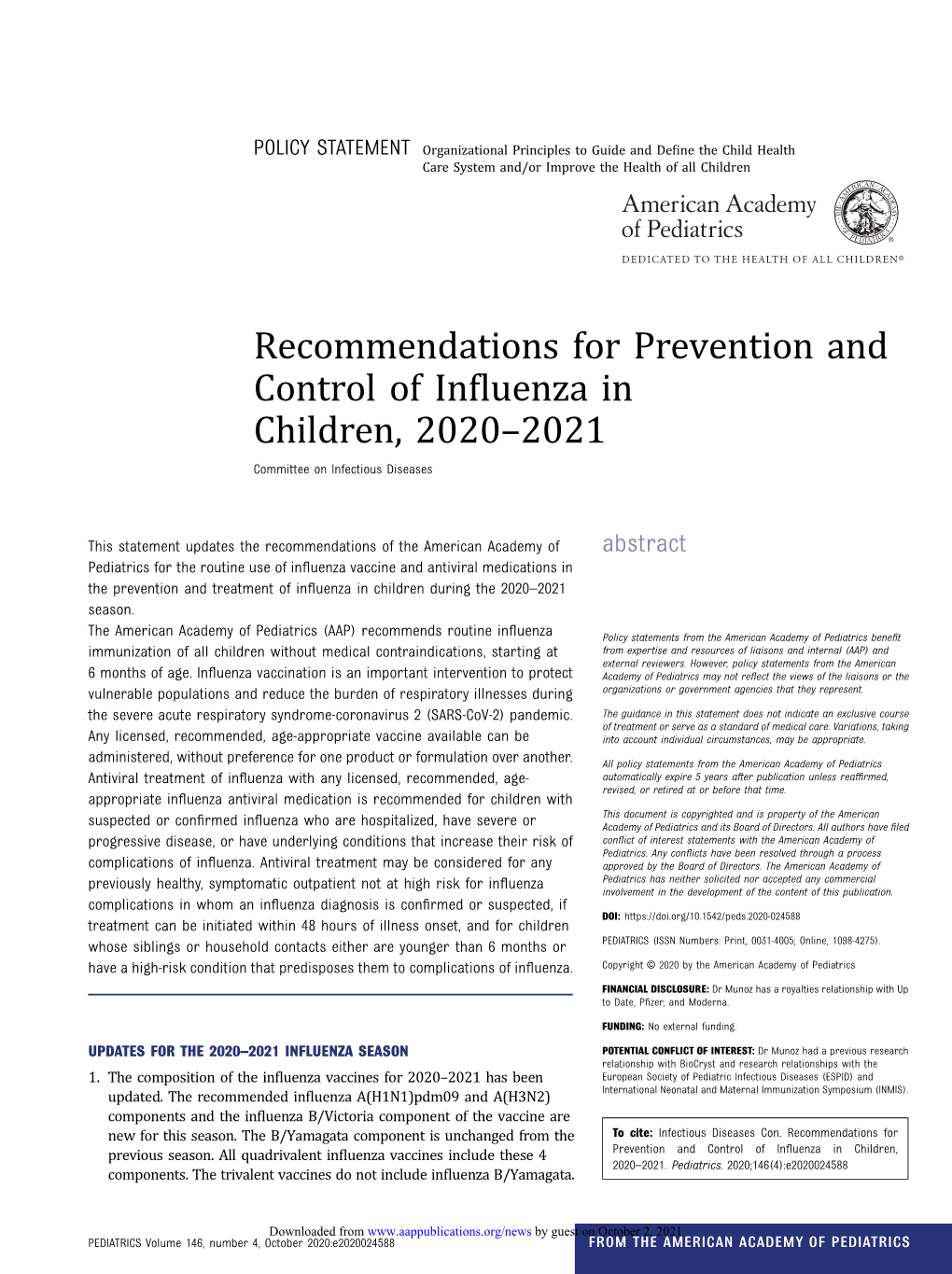 Recommendations for Prevention and Control of Influenza in Children, 2020–2021