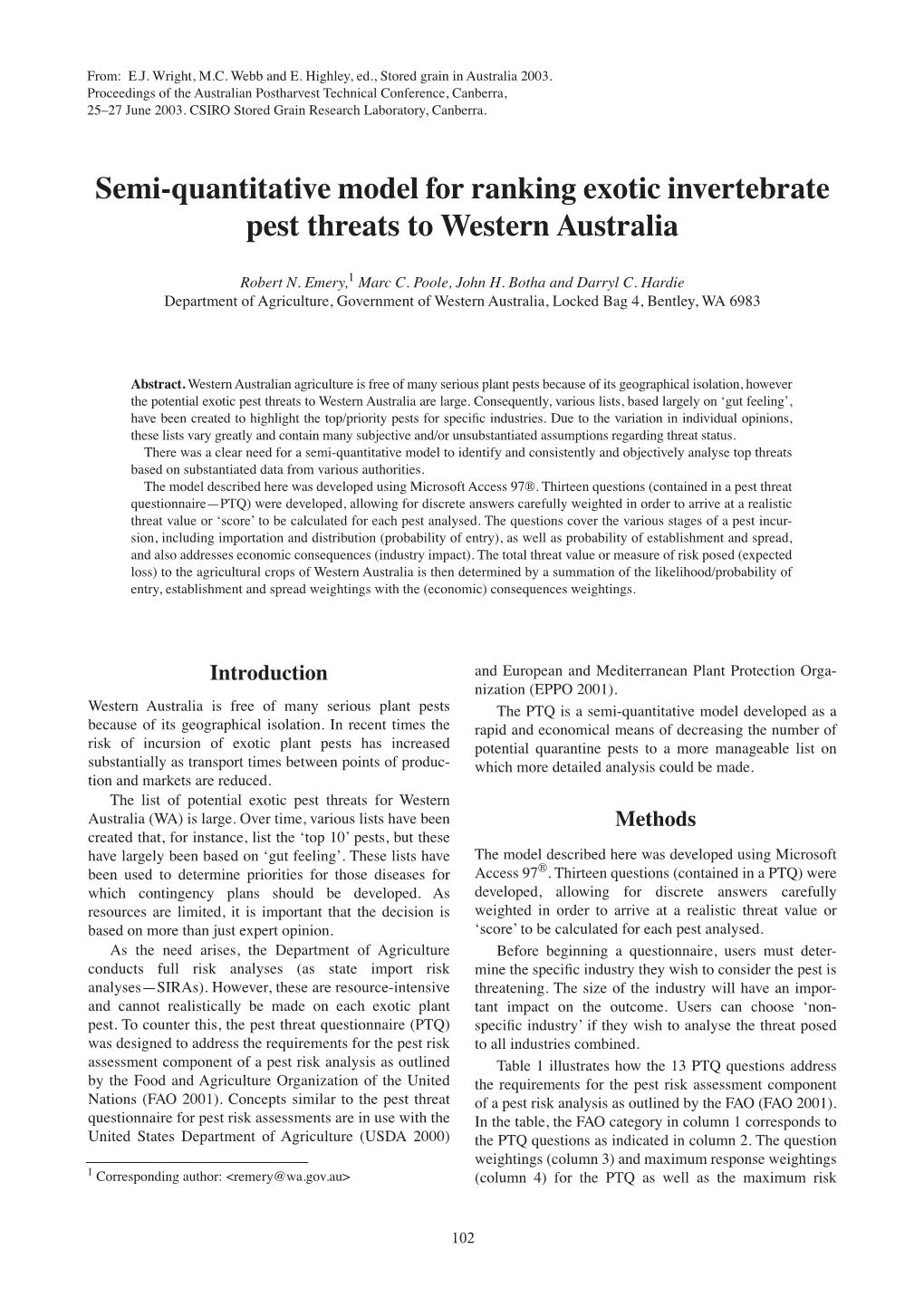 Semi-Quantitative Model for Ranking Exotic Invertebrate Pest Threats to Western Australia