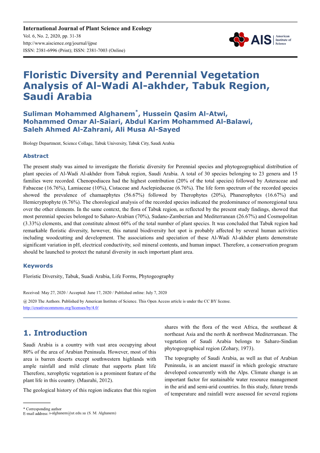 Floristic Diversity and Perennial Vegetation Analysis of Al-Wadi Al-Akhder, Tabuk Region, Saudi Arabia