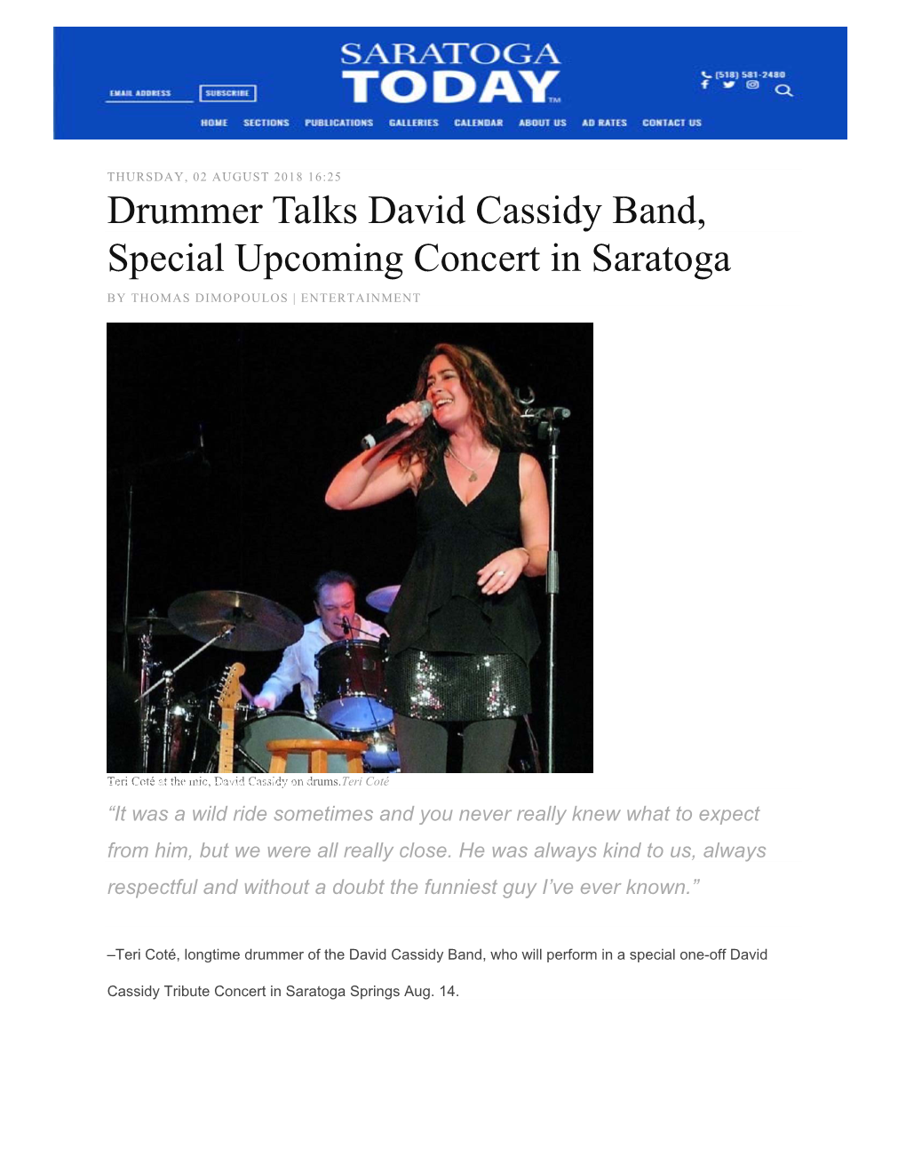 Drummer Talks David Cassidy Band, Special Upcoming Concert in Saratoga