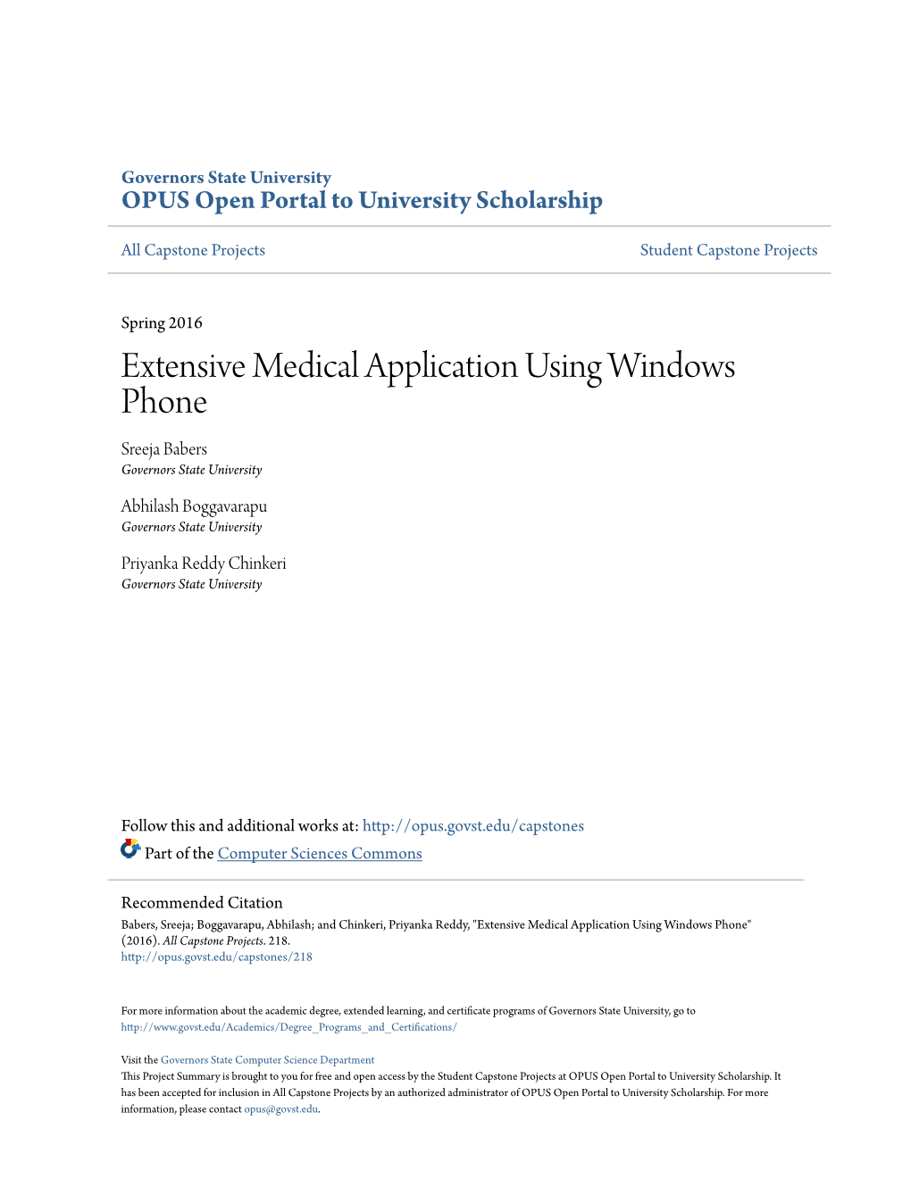 Extensive Medical Application Using Windows Phone Sreeja Babers Governors State University