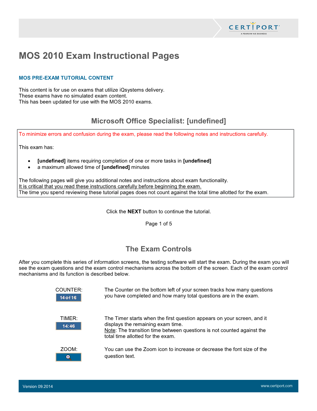 MOS 2010 Exam Instructional Pages