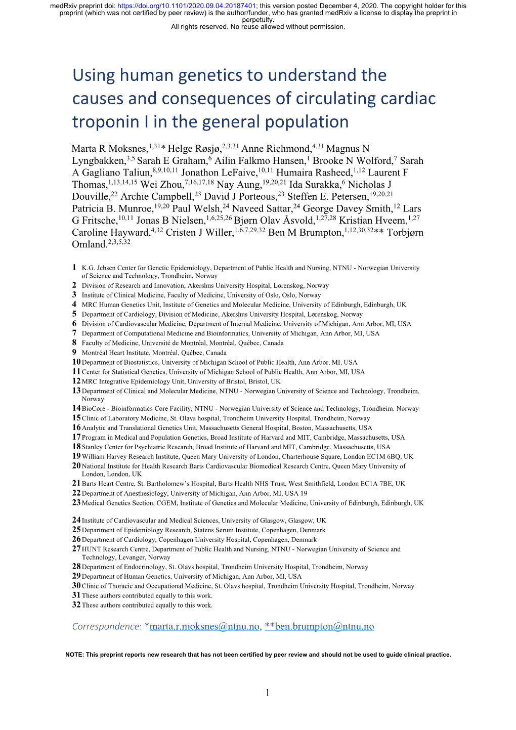 Using Human Genetics to Understand the Causes and Consequences of Circulating Cardiac Troponin I in the General Population