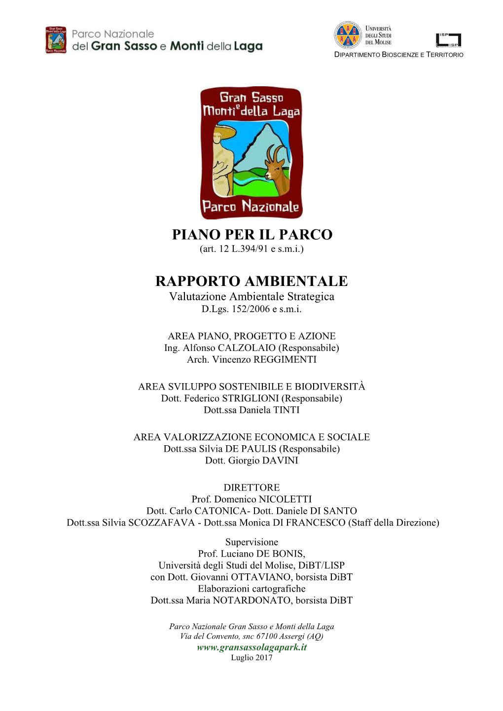 Piano Per Il Parco Rapporto Ambientale