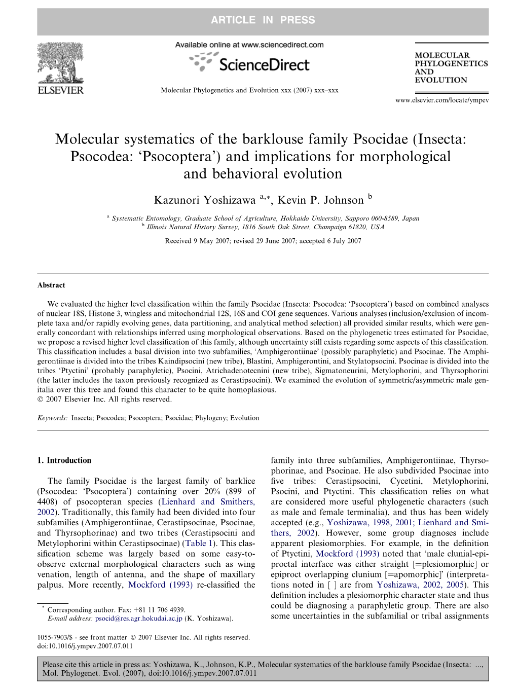 Molecular Systematics of the Barklouse Family Psocidae (Insecta: Psocodea: 'Psocoptera')