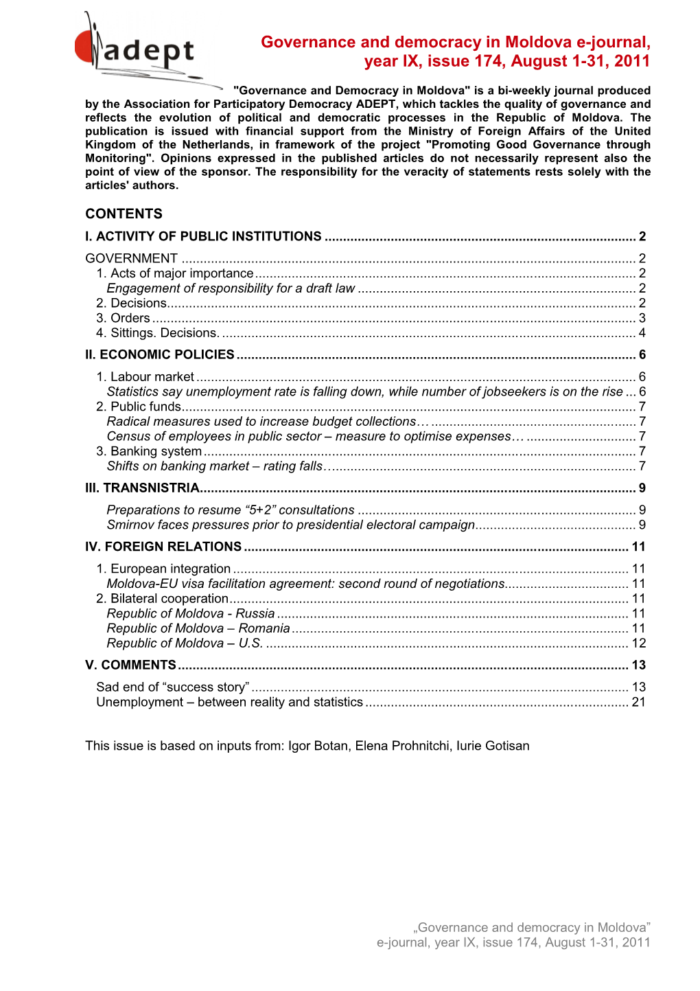 E-Journal, Year IX, Issue 174, August 1-31, 2011