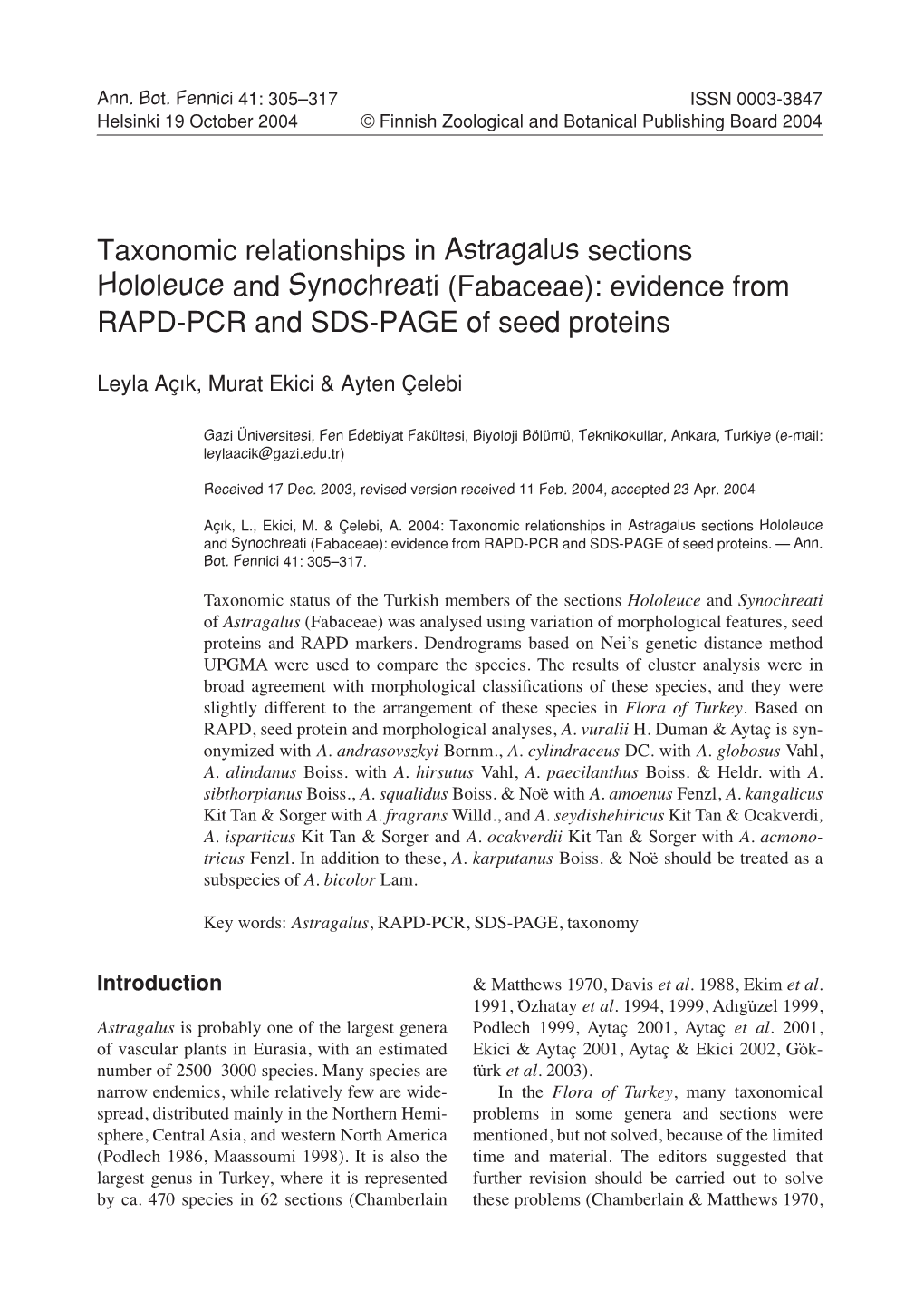 Evidence from RAPD-PCR and SDS-PAGE of Seed Proteins