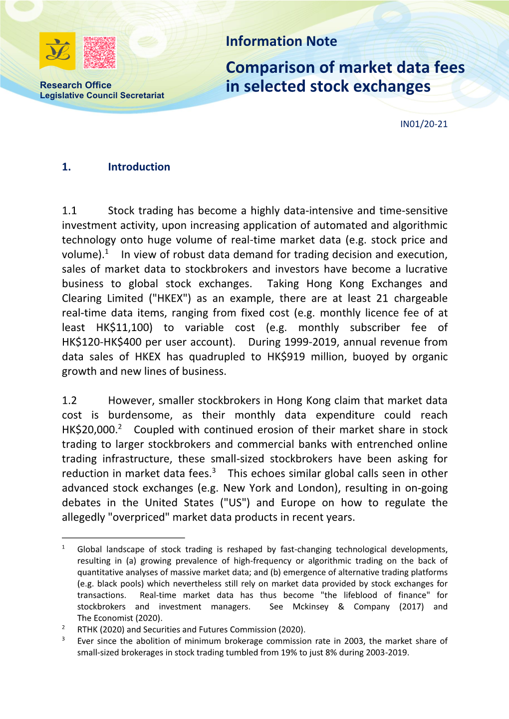 Comparison of Market Data Fees in Selected Stock Exchanges