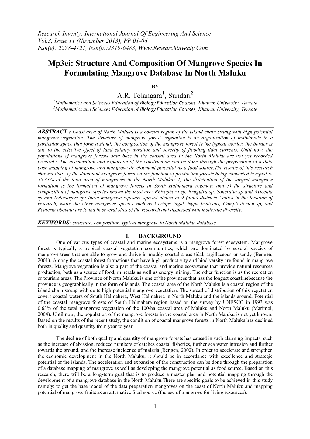 Mp3ei: Structure and Composition of Mangrove Species in Formulating Mangrove Database in North Maluku