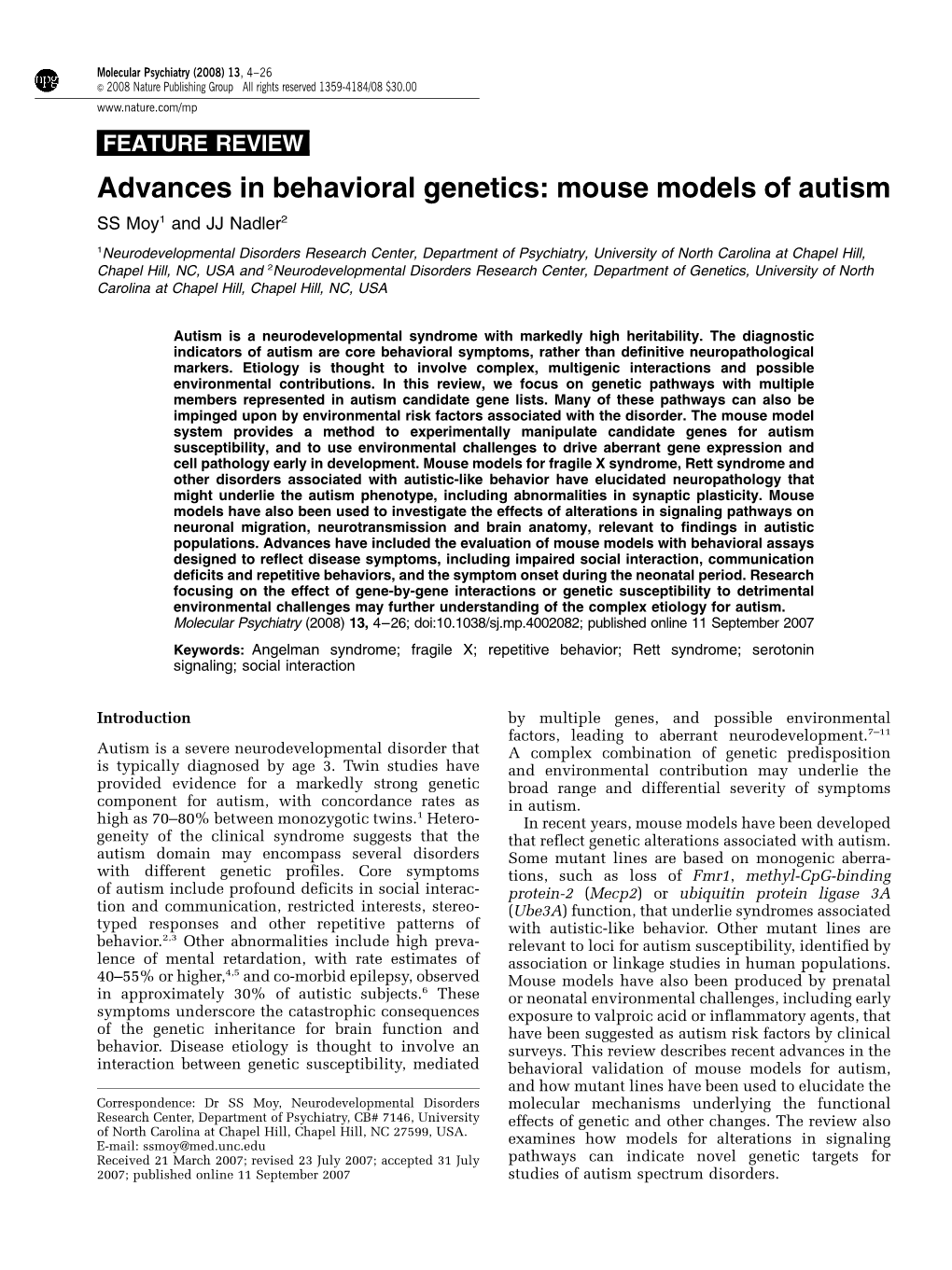 Advances in Behavioral Genetics: Mouse Models of Autism