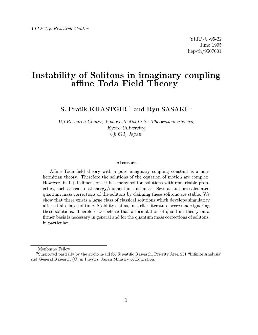 Instability of Solitons in Imaginary Coupling Affine Toda Field Theory