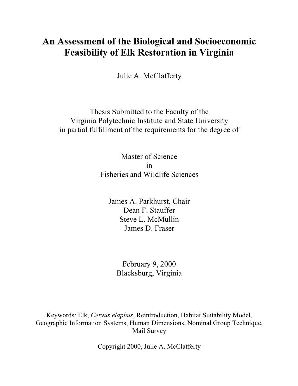 An Assessment of the Biological and Socioeconomic Feasibility of Elk Restoration in Virginia