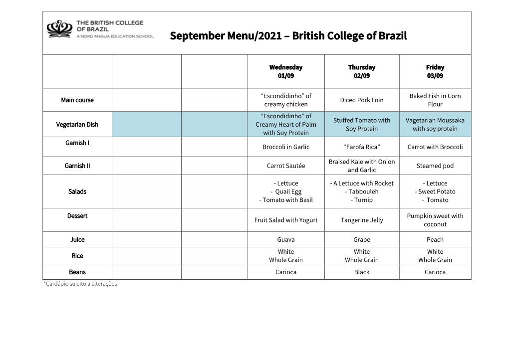 September Menu/2021 – British College of Brazil