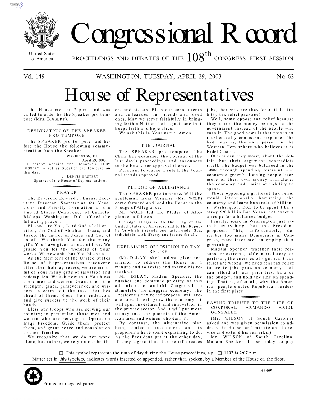 Congressional Record United States Th of America PROCEEDINGS and DEBATES of the 108 CONGRESS, FIRST SESSION