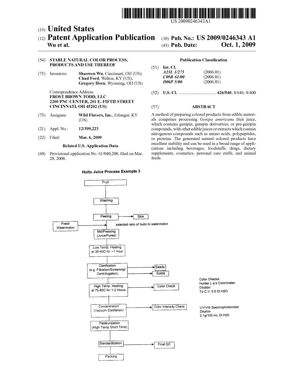 (12) Patent Application Publication (10) Pub. No.: US 2009/0246343 A1 Wu Et Al