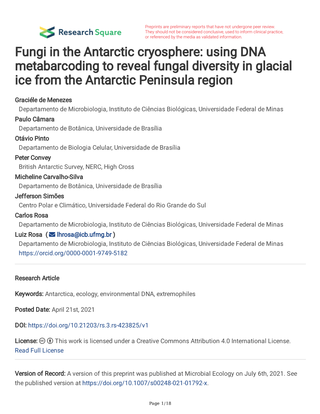 Fungi in the Antarctic Cryosphere: Using DNA Metabarcoding to Reveal Fungal Diversity in Glacial Ice from the Antarctic Peninsula Region