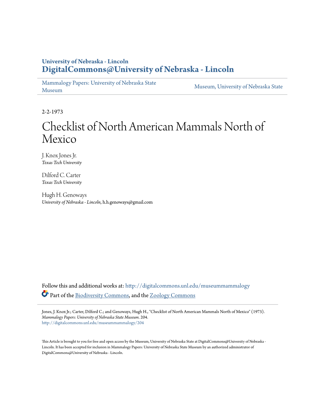 Checklist of North American Mammals North of Mexico J