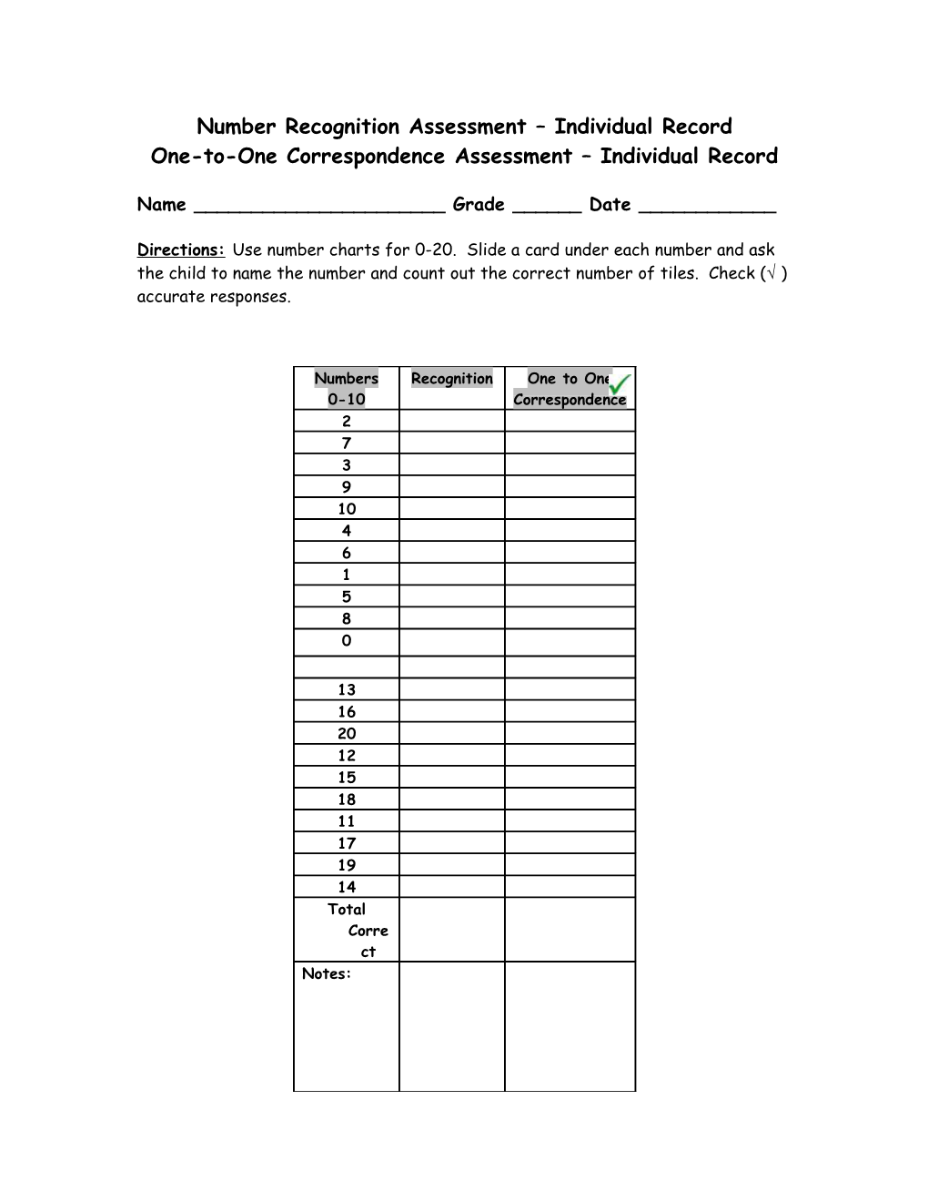 Number Recognition Assessment – Individual Record