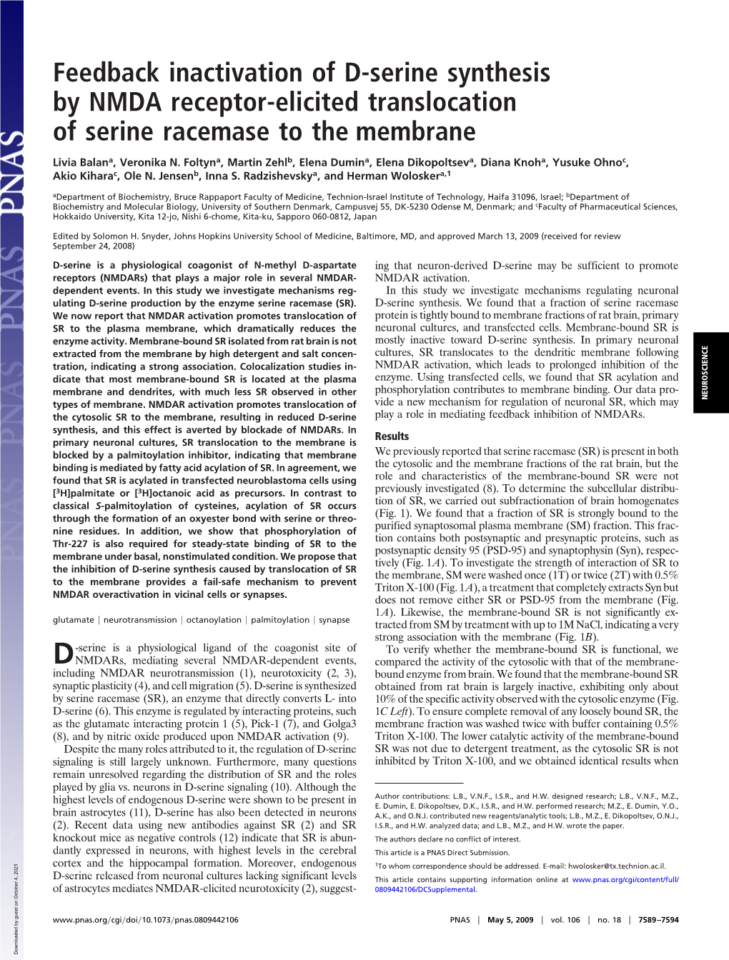 Feedback Inactivation of D-Serine Synthesis by NMDA Receptor-Elicited Translocation of Serine Racemase to the Membrane