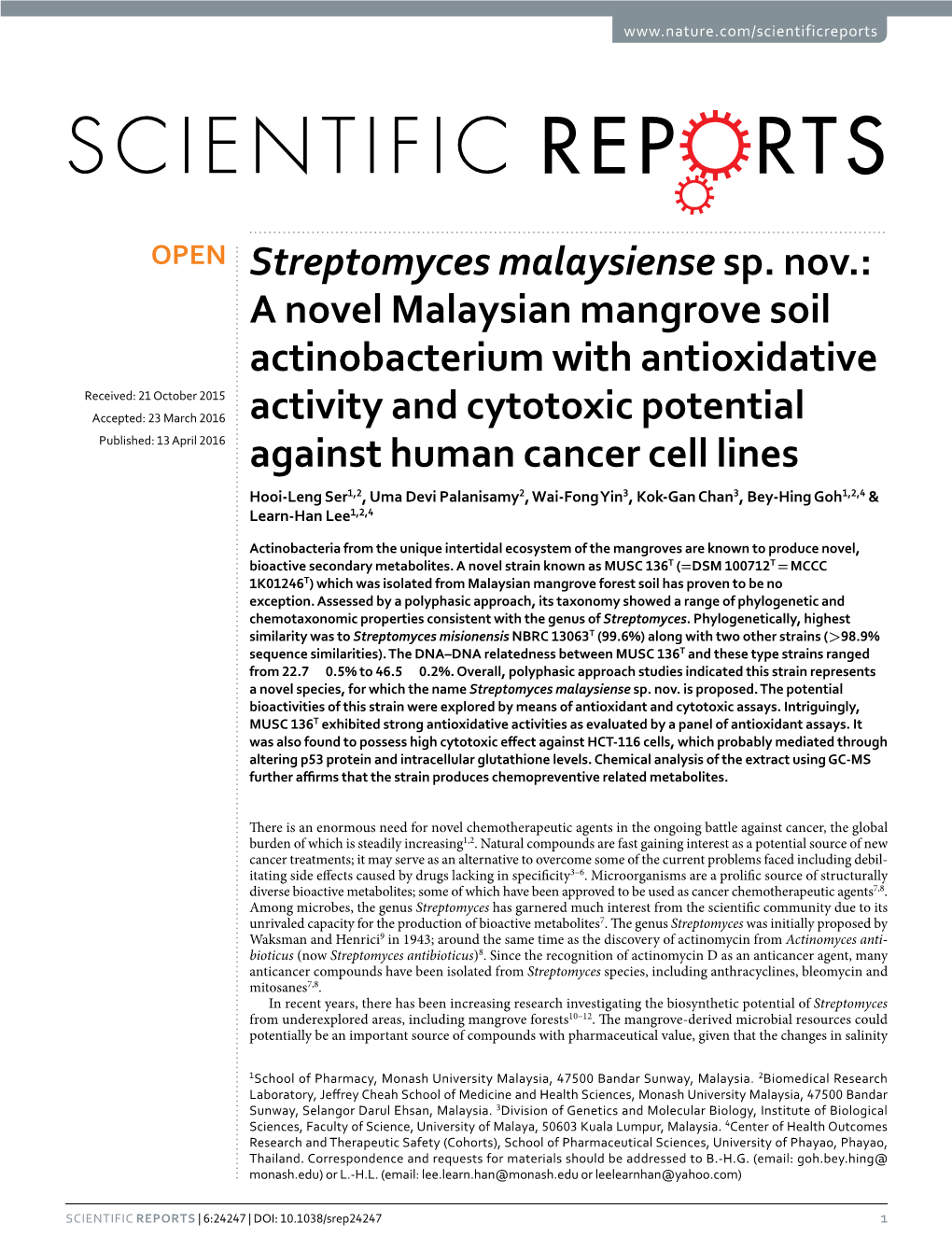 A Novel Malaysian Mangrove Soil Actinobacterium with Antioxidative Activity and Cytotoxic Potential Against Human Cancer Cell Lines