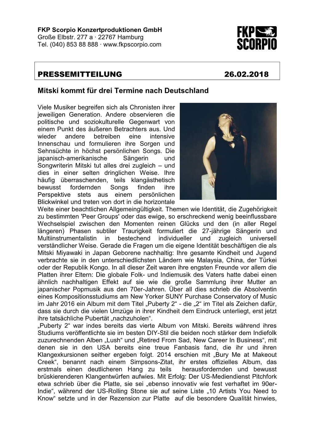 PRESSEMITTEILUNG 26.02.2018 Mitski Kommt Für Drei Termine Nach