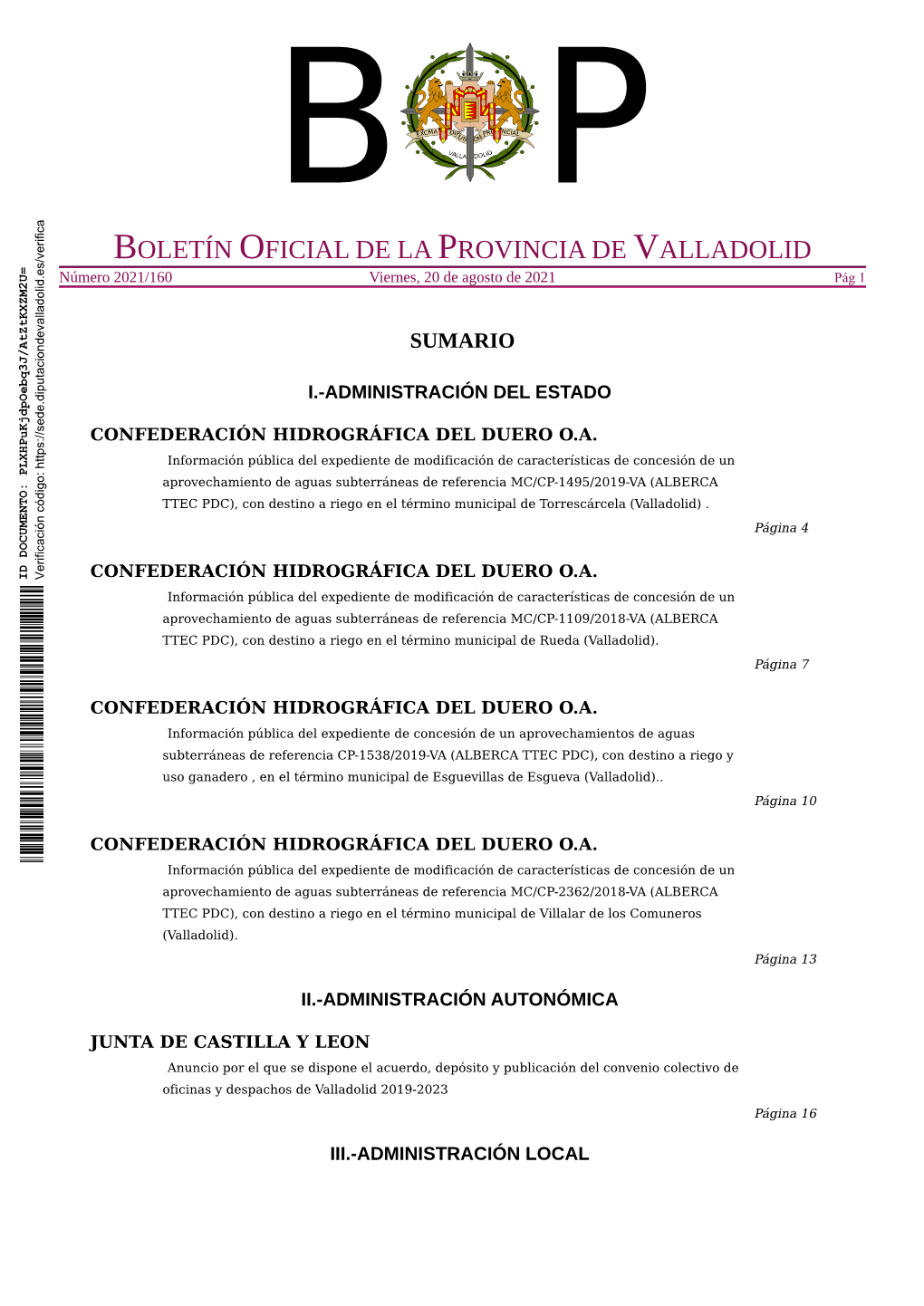 BOLETÍN OFICIAL DE LA PROVINCIA DE VALLADOLID Número 2021/160 Viernes, 20 De Agosto De 2021 Pág 1