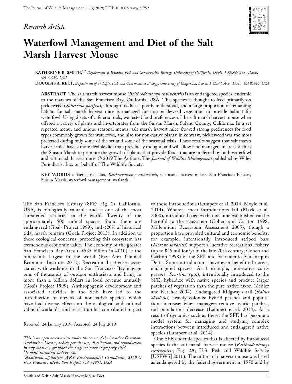 Waterfowl Management and Diet of the Salt Marsh Harvest Mouse