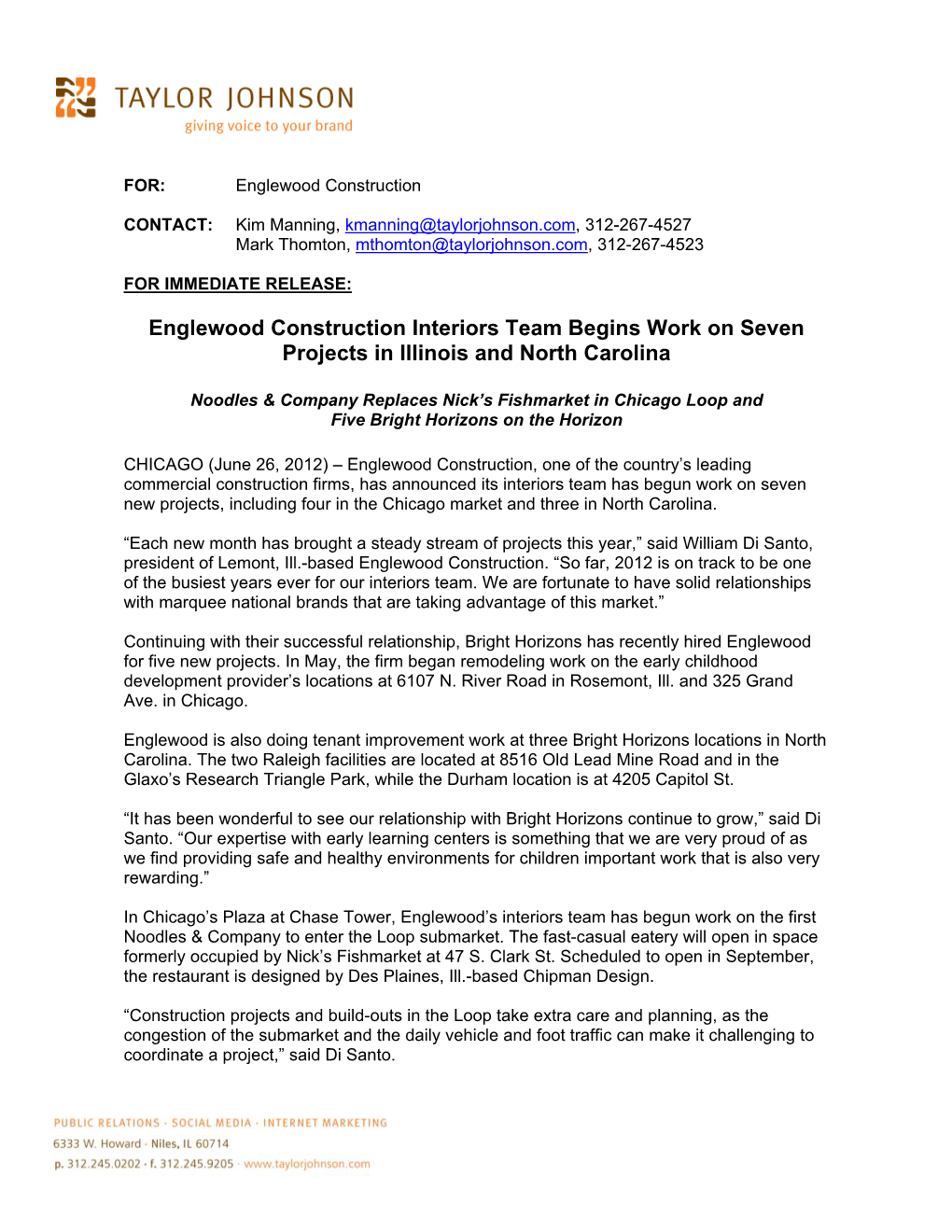 Englewood Construction Interiors Team Begins Work on Seven Projects in Illinois and North Carolina