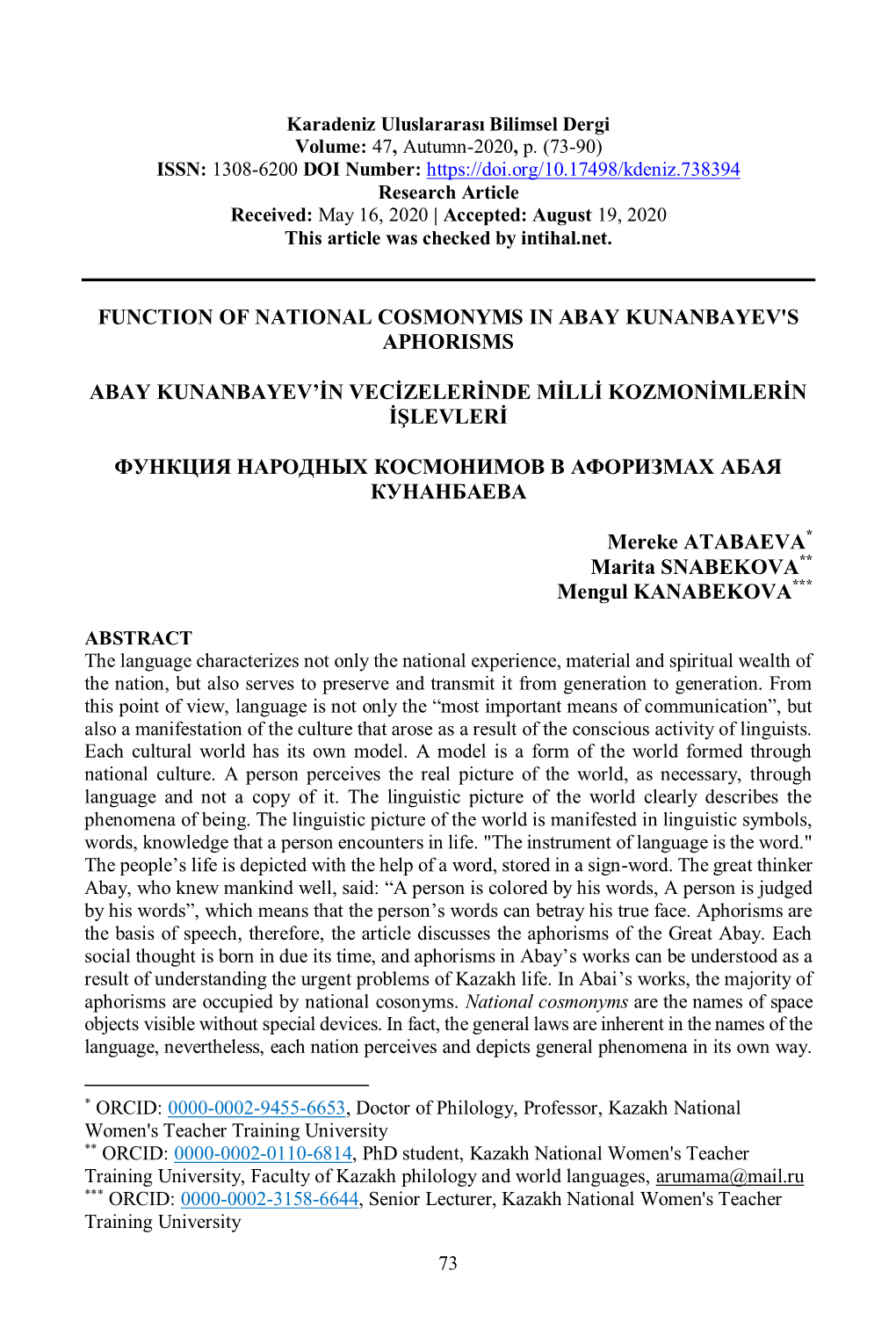 Function of National Cosmonyms in Abay Kunanbayev's Aphorisms Abay Kunanbayev'in Vecizelerinde Milli Kozmonimlerin Iş