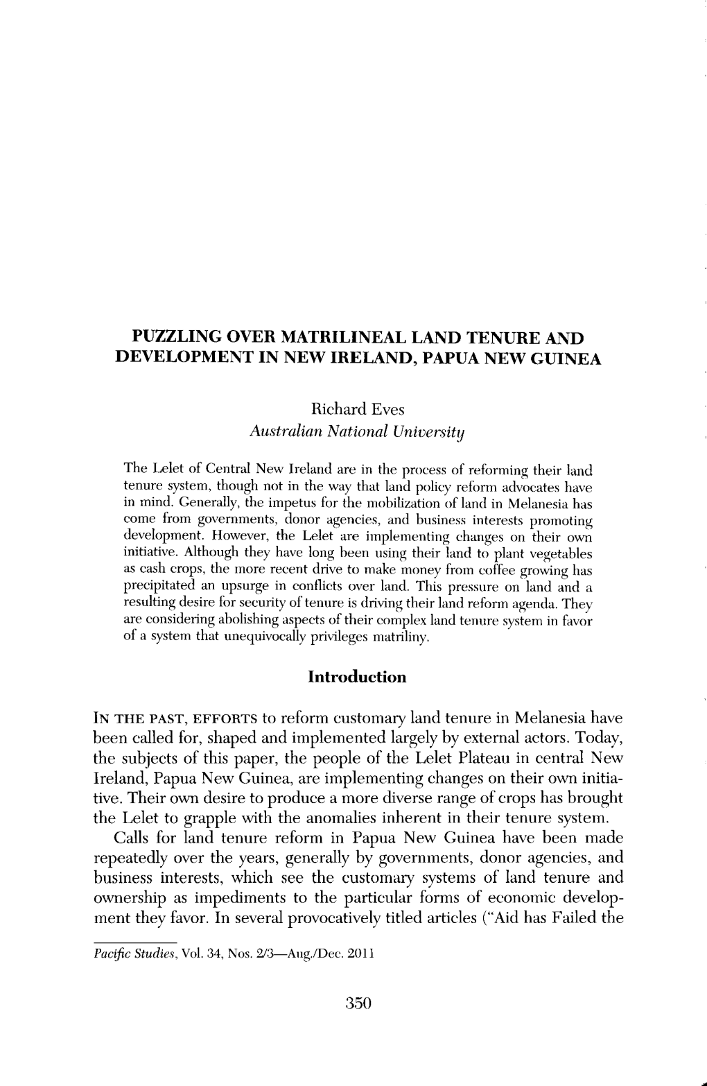 Puzzling Over Matrilineal Land Tenure and Development in New Ireland, Papua New Guinea