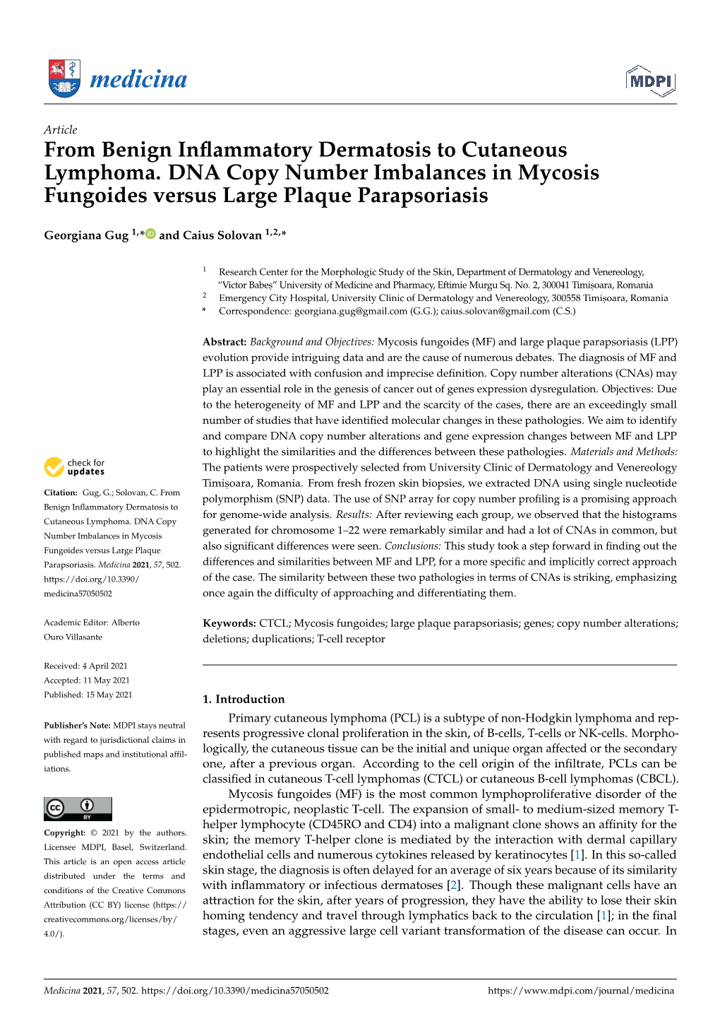 From Benign Inflammatory Dermatosis to Cutaneous Lymphoma. DNA Copy Number Imbalances in Mycosis Fungoides Versus Large Plaque P