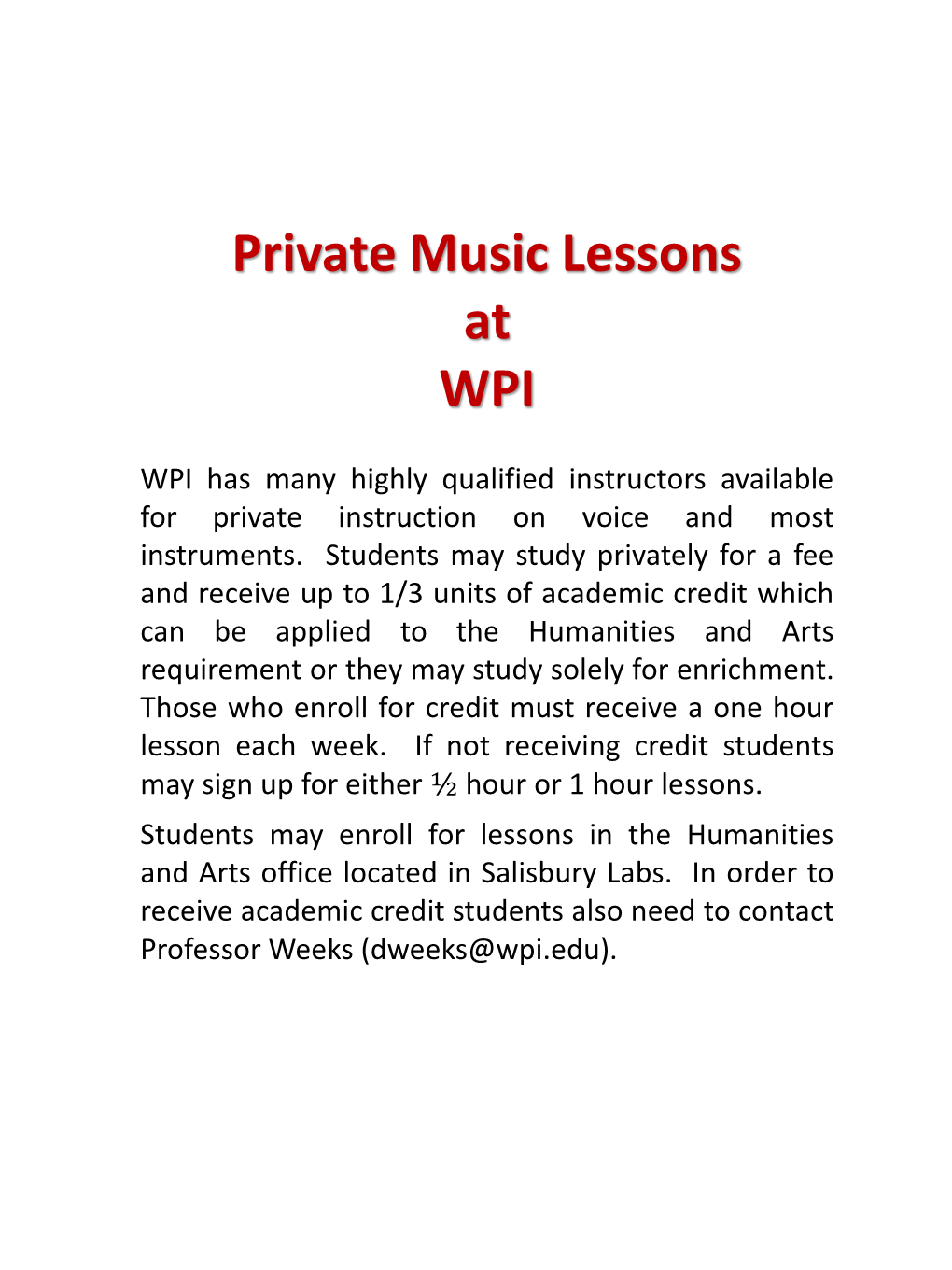 Private Music Lessons at WPI