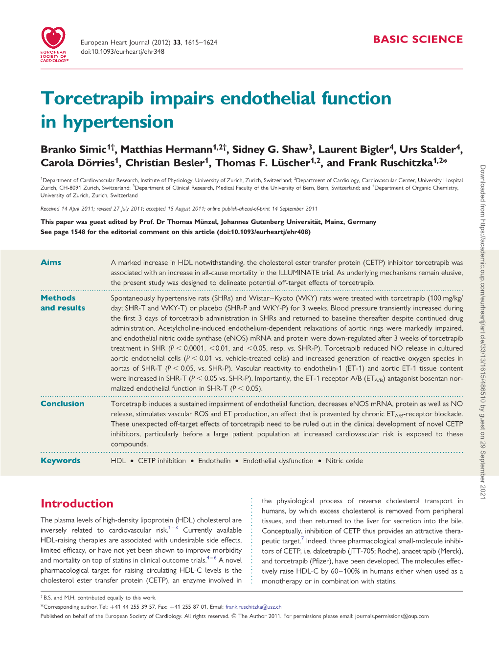 Torcetrapib Impairs Endothelial Function in Hypertension