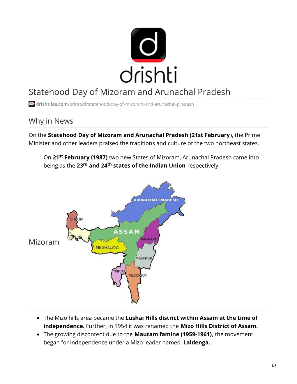 Statehood Day of Mizoram and Arunachal Pradesh