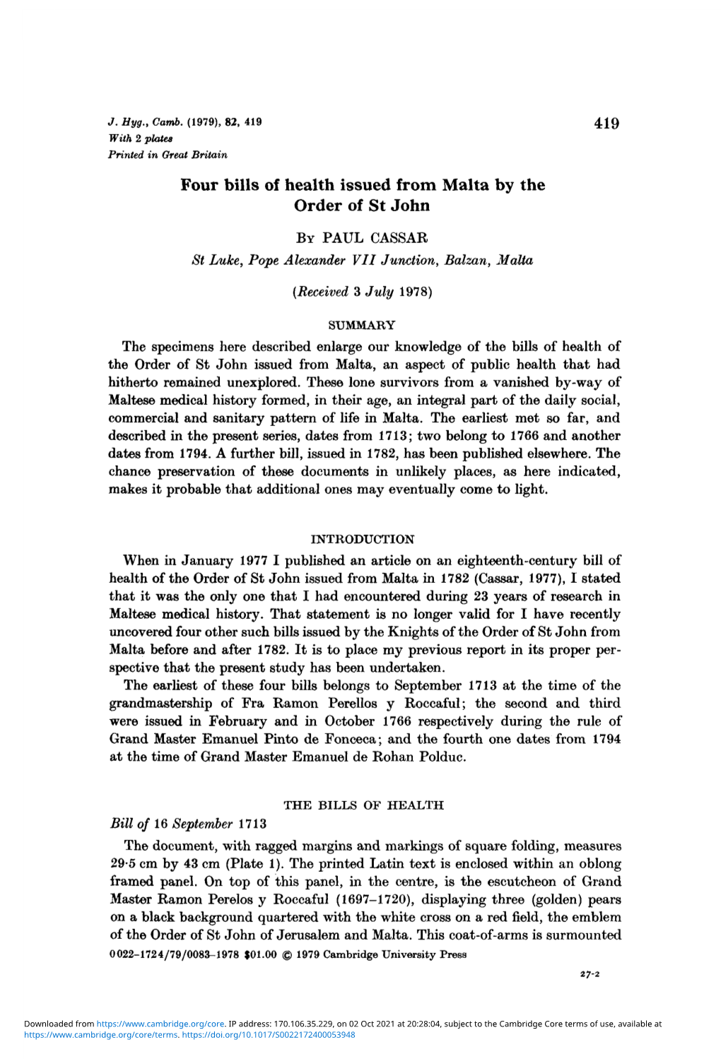 Four Bills of Health Issued from Malta by the Order of St John