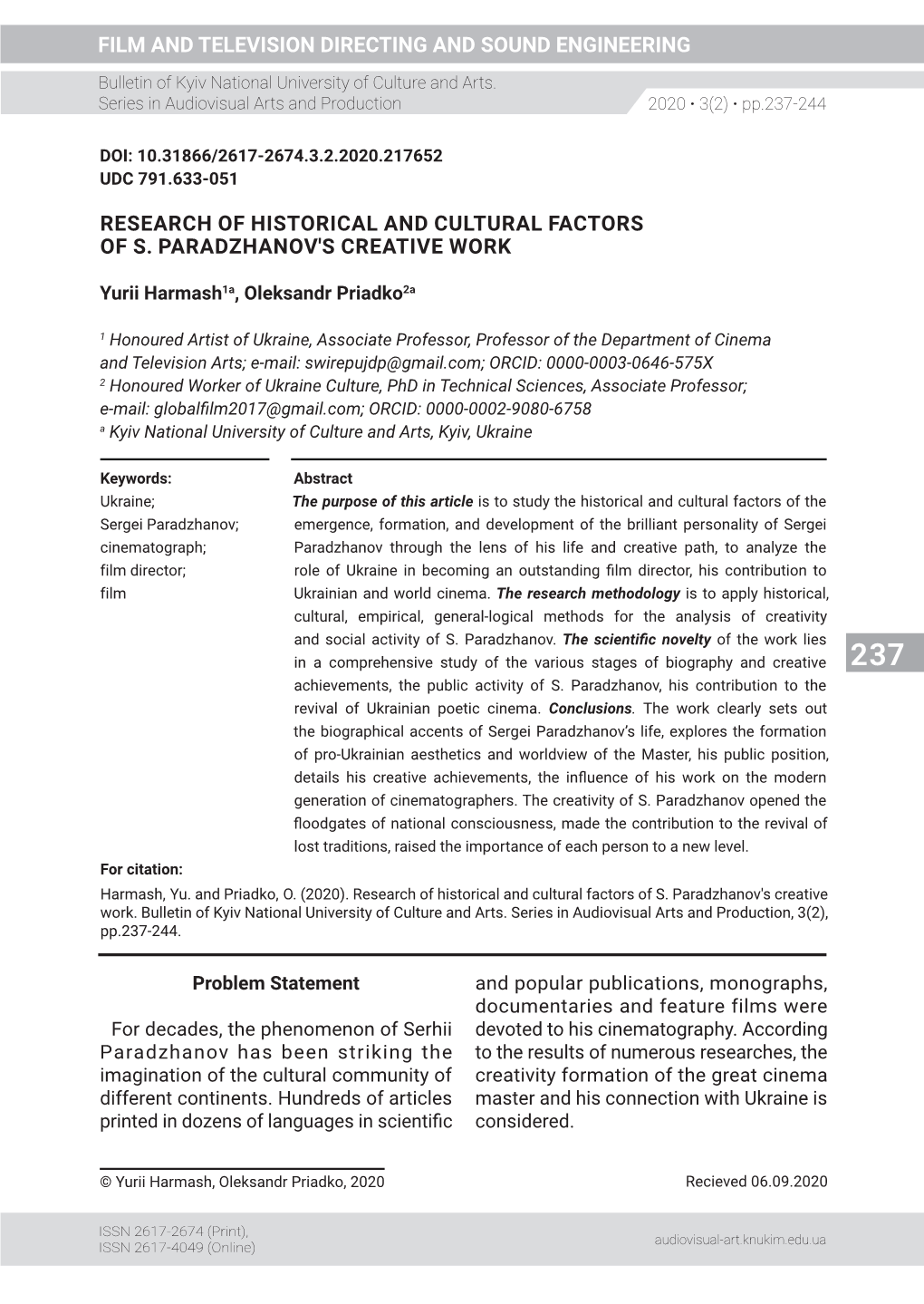 Research of Historical and Cultural Factors of S. Paradzhanov's Creative Work