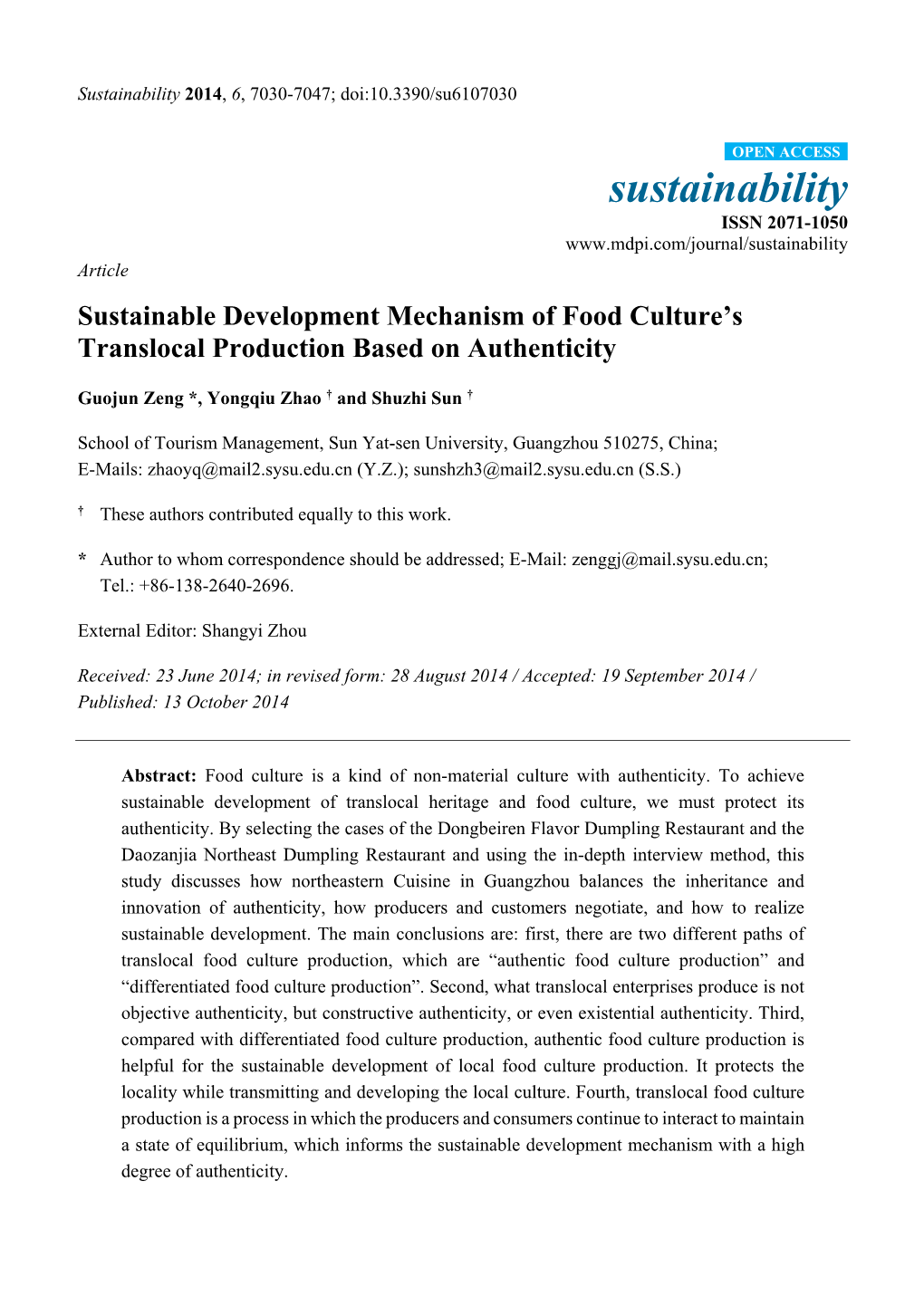 Sustainable Development Mechanism of Food Culture's Translocal