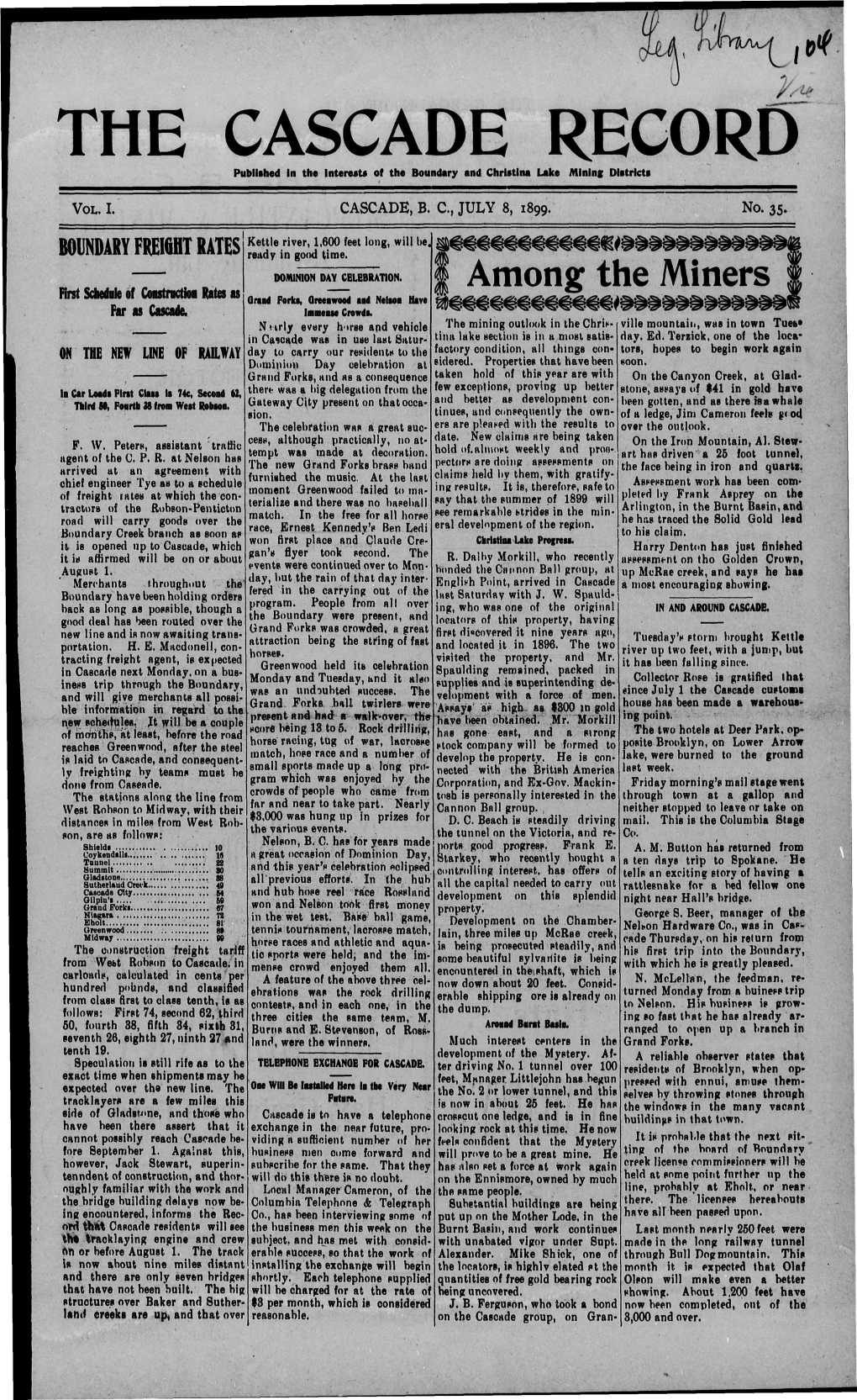 THE CASCADE RECORD Published in the Interest* of the Boundary and Christina Lake Mining Districts