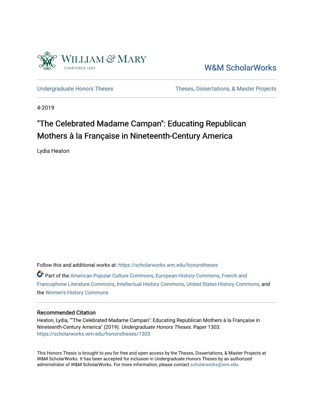 The Celebrated Madame Campan": Educating Republican Mothers À La Française in Nineteenth-Century America