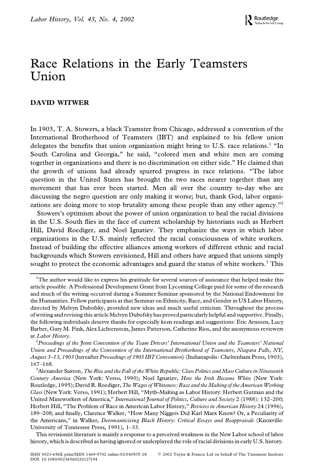 Race Relations in the Early Teamsters Union