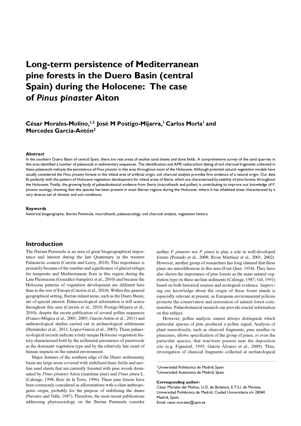 During the Holocene: the Case of Pinus Pinaster Aiton