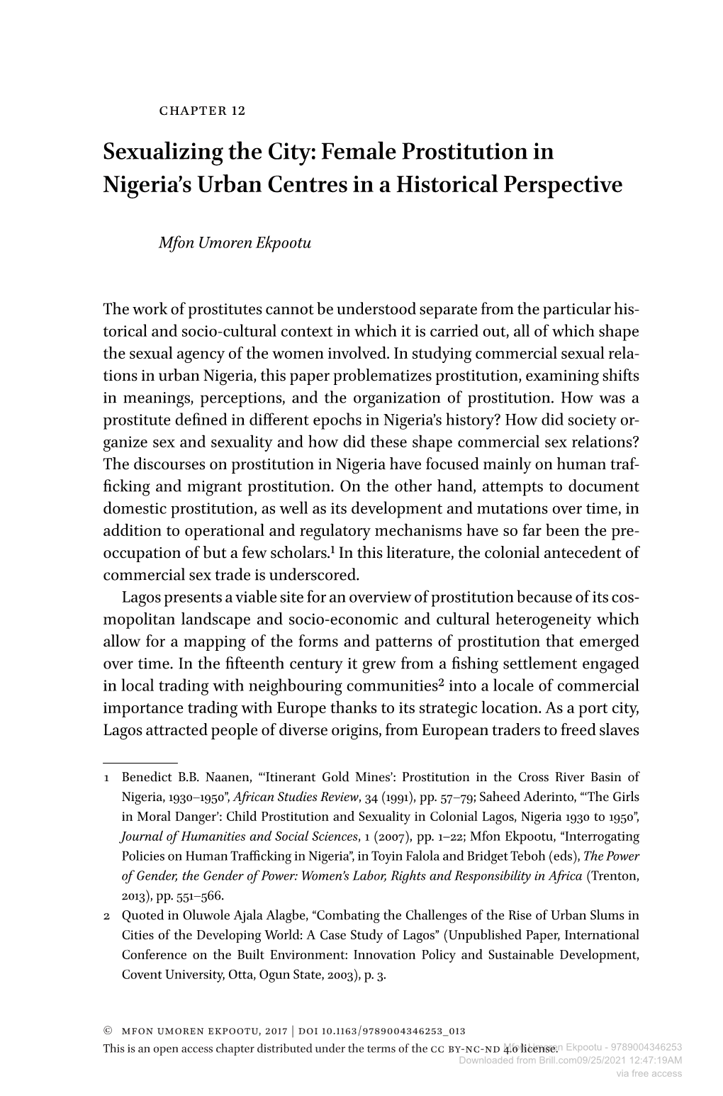 Female Prostitution in Nigeria's Urban Centres in a Historical Perspective