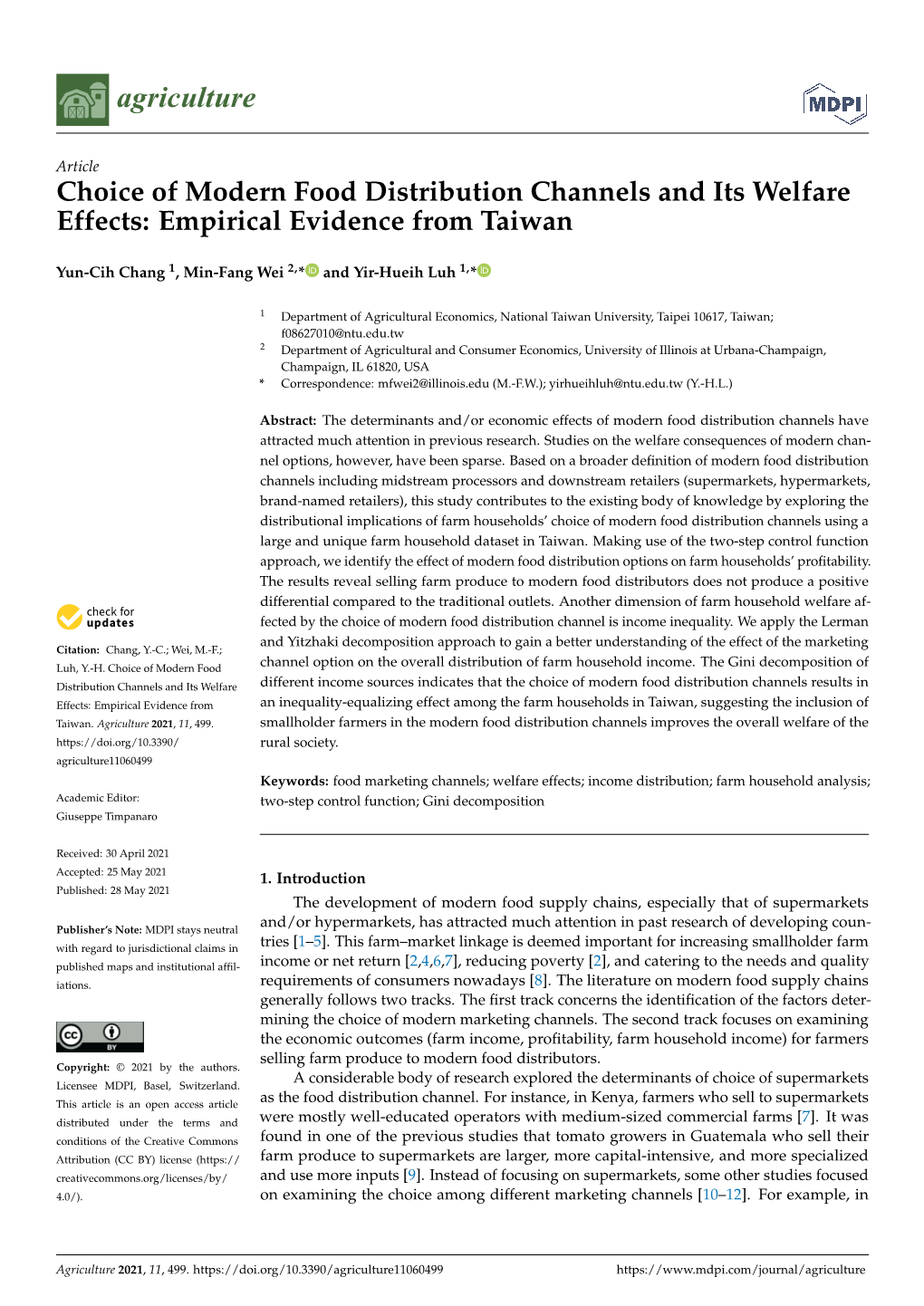 Choice of Modern Food Distribution Channels and Its Welfare Effects: Empirical Evidence from Taiwan