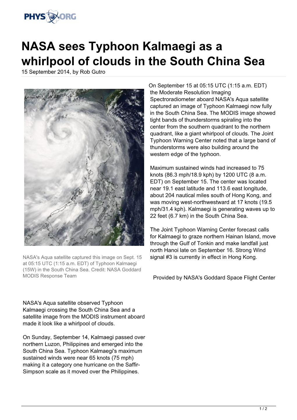 NASA Sees Typhoon Kalmaegi As a Whirlpool of Clouds in the South China Sea 15 September 2014, by Rob Gutro