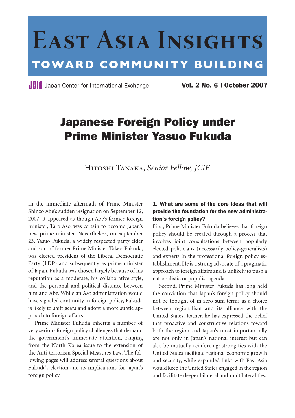 Japanese Foreign Policy Under Prime Minister Yasuo Fukuda