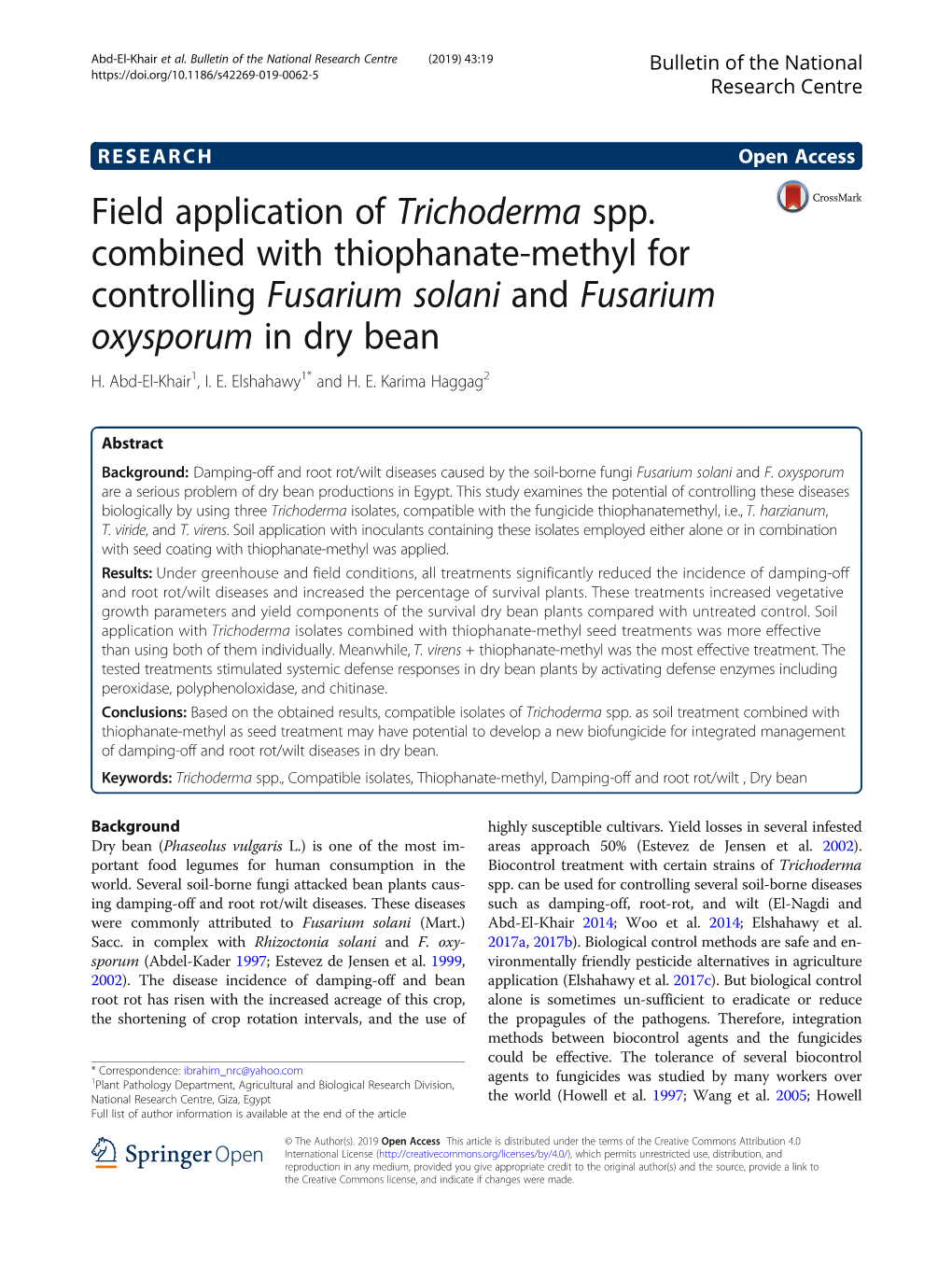 Field Application of Trichoderma Spp. Combined with Thiophanate-Methyl for Controlling Fusarium Solani and Fusarium Oxysporum in Dry Bean H