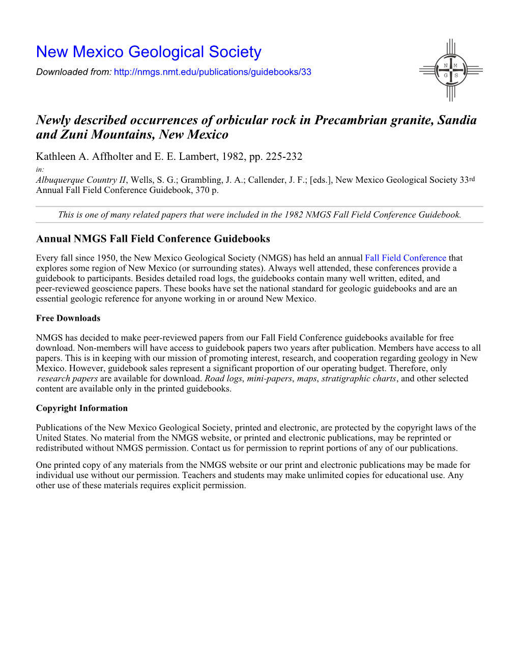 Newly Described Occurrences of Orbicular Rock in Precambrian Granite, Sandia and Zuni Mountains, New Mexico Kathleen A