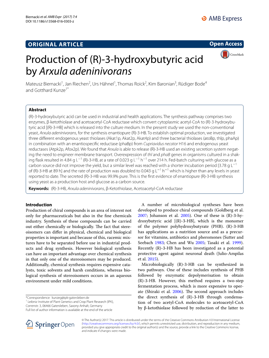 Production of (R)-3-Hydroxybutyric Acid by Arxula Adeninivorans